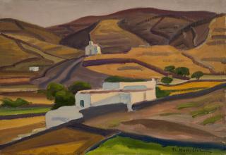 Kythnos House and Barren Mountains with Geometric Light — Oil painting, Canvas, 35.00×50.00cm — Theodoros Markellos